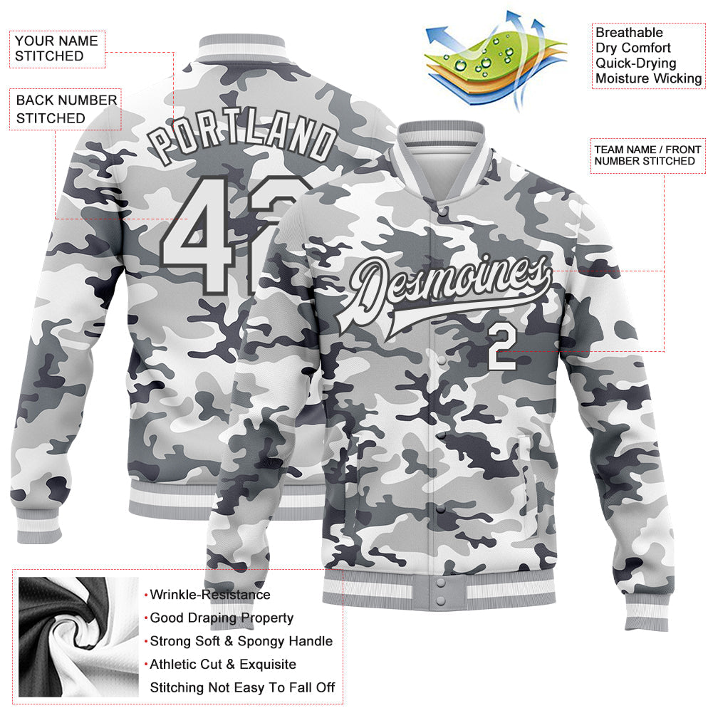 Custom Camo White-Steel Gray Snow Camouflage 3D Bomber Full-Snap Varsity Letterman Salute To Service Jacket view 5