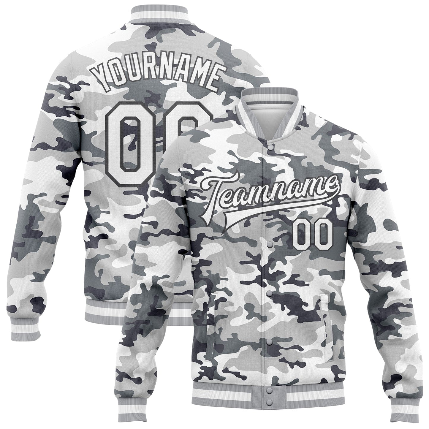 Custom Camo White-Steel Gray Snow Camouflage 3D Bomber Full-Snap Varsity Letterman Salute To Service Jacket - Main View