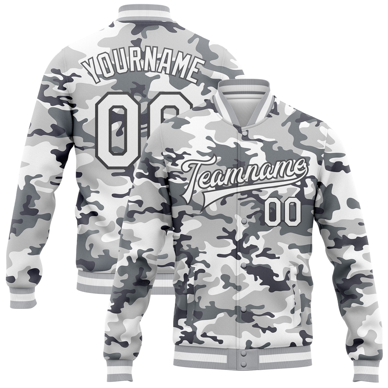 Custom Camo White-Steel Gray Snow Camouflage 3D Bomber Full-Snap Varsity Letterman Salute To Service Jacket - Main View
