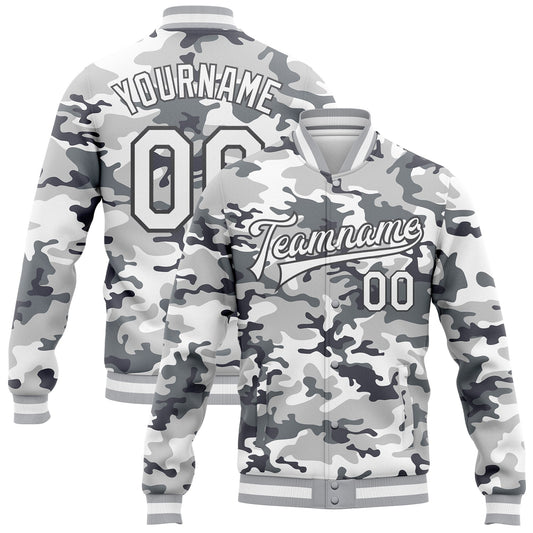 Custom Camo White-Steel Gray Snow Camouflage 3D Bomber Full-Snap Varsity Letterman Salute To Service Jacket - Main View