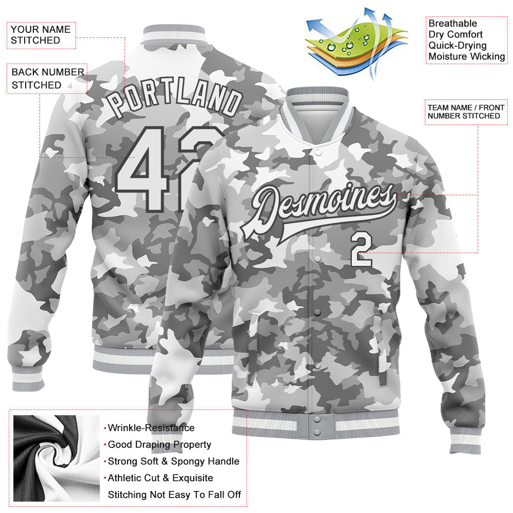 Custom Camo White-Steel Gray Snow Camouflage 3D Bomber Full-Snap Varsity Letterman Salute To Service Jacket view 5