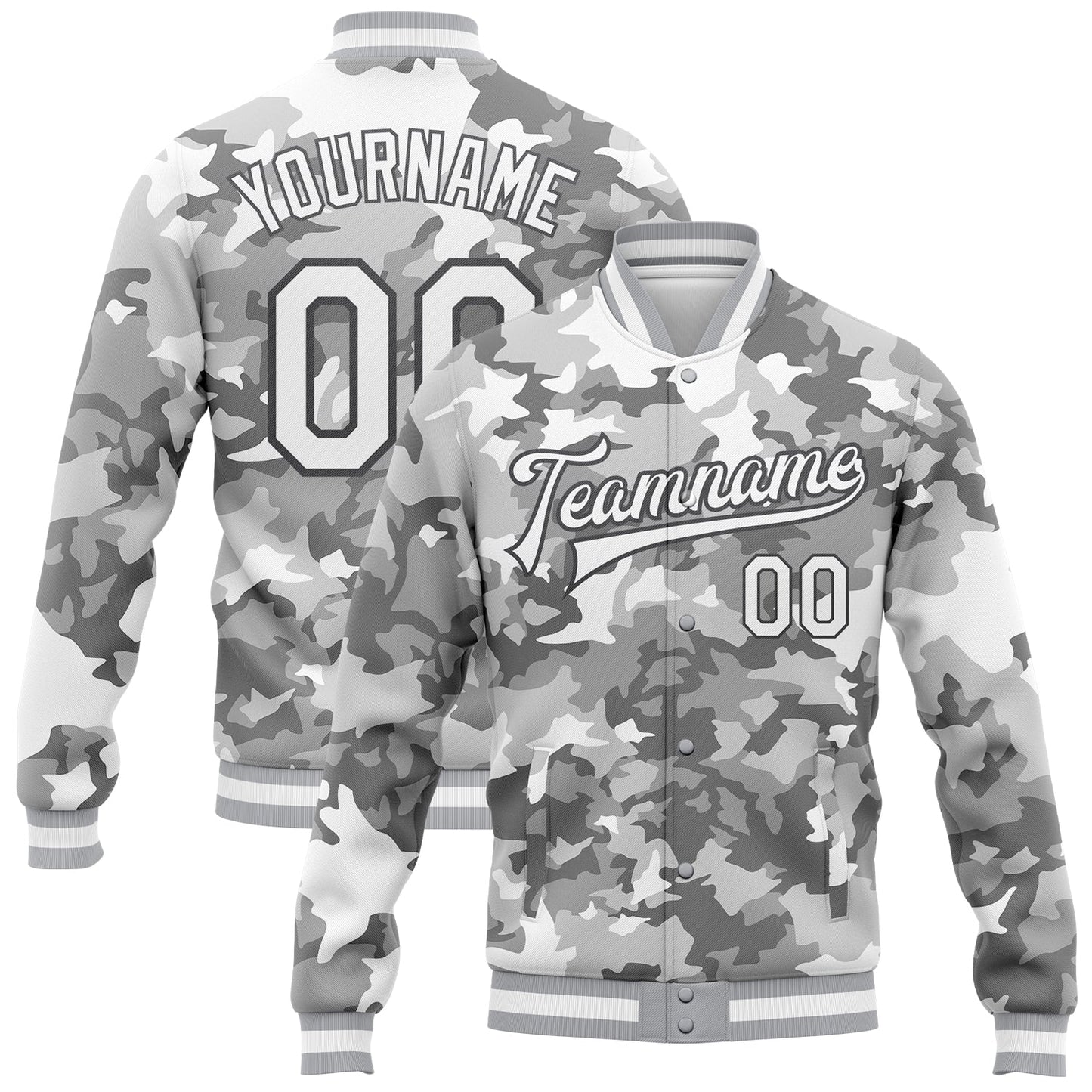 Custom Camo White-Steel Gray Snow Camouflage 3D Bomber Full-Snap Varsity Letterman Salute To Service Jacket - Main View