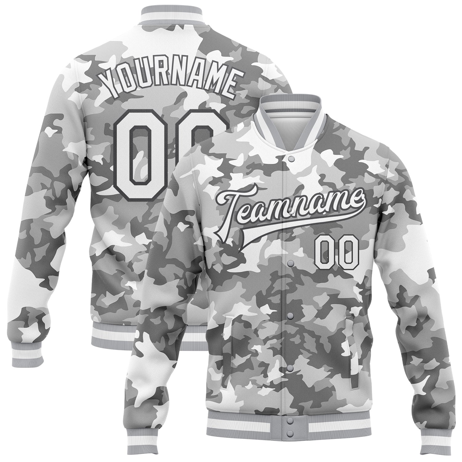 Custom Camo White-Steel Gray Snow Camouflage 3D Bomber Full-Snap Varsity Letterman Salute To Service Jacket - Main View