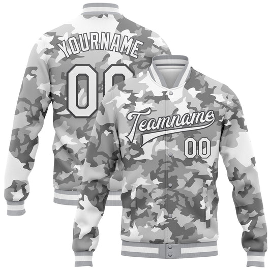 Custom Camo White-Steel Gray Snow Camouflage 3D Bomber Full-Snap Varsity Letterman Salute To Service Jacket - Main View