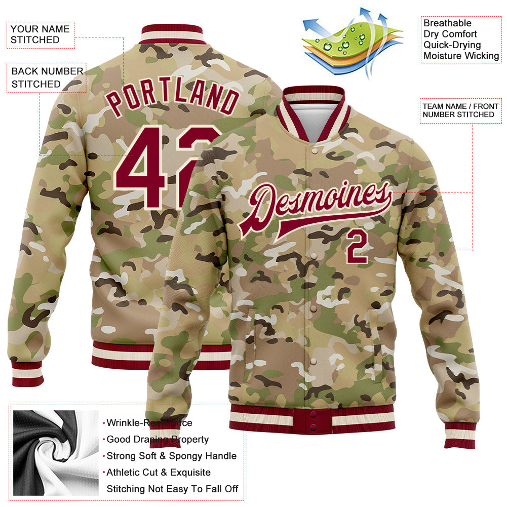 Custom Camo Maroon-Cream Desert Camouflage 3D Bomber Full-Snap Varsity Letterman Salute To Service Jacket view 5