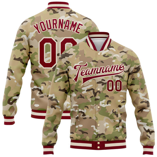 Custom Camo Maroon-Cream Desert Camouflage 3D Bomber Full-Snap Varsity Letterman Salute To Service Jacket - Main View