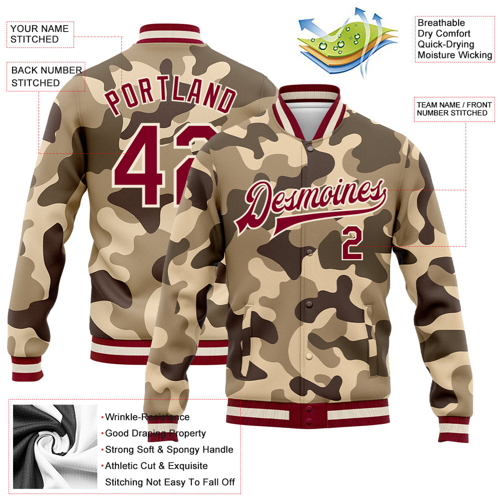 Custom Camo Maroon-Cream Desert Camouflage 3D Bomber Full-Snap Varsity Letterman Salute To Service Jacket view 5