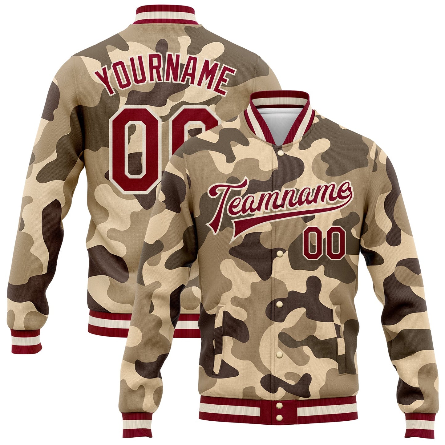 Custom Camo Maroon-Cream Desert Camouflage 3D Bomber Full-Snap Varsity Letterman Salute To Service Jacket - Main View