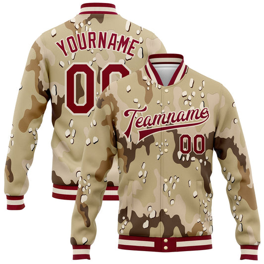 Custom Camo Maroon-Cream Desert Camouflage 3D Bomber Full-Snap Varsity Letterman Salute To Service Jacket - Main View
