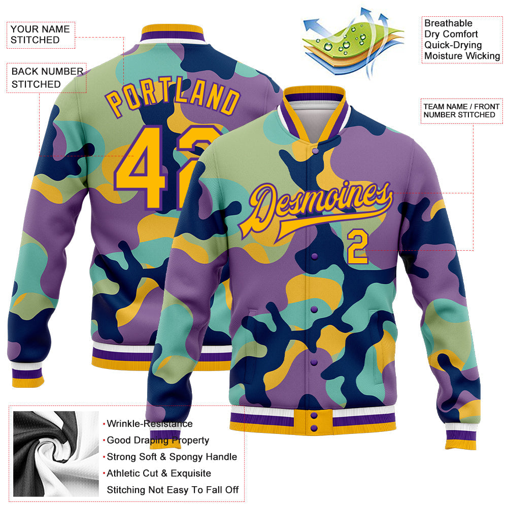 Custom Camo Gold-Purple Fluorescent Camouflage 3D Bomber Full-Snap Varsity Letterman Salute To Service Jacket view 5