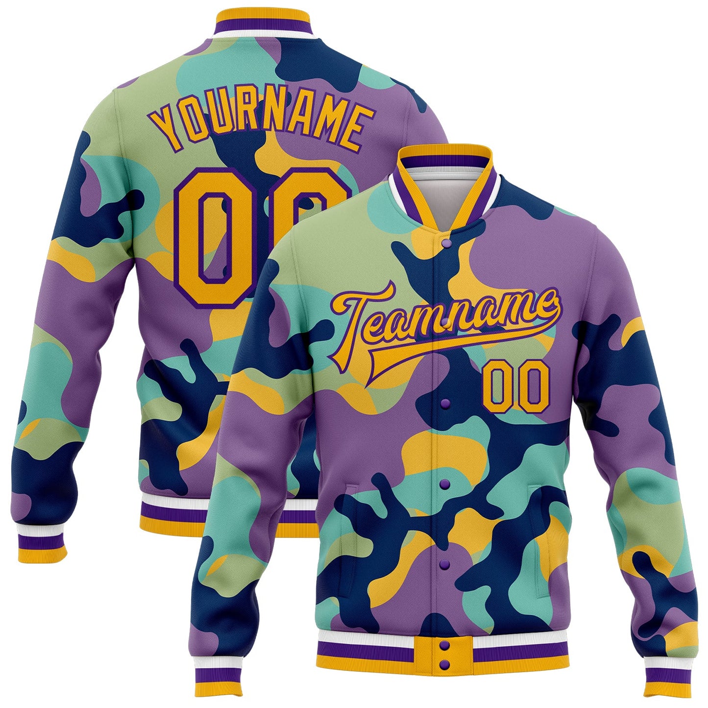 Custom Camo Gold-Purple Fluorescent Camouflage 3D Bomber Full-Snap Varsity Letterman Salute To Service Jacket - Main View