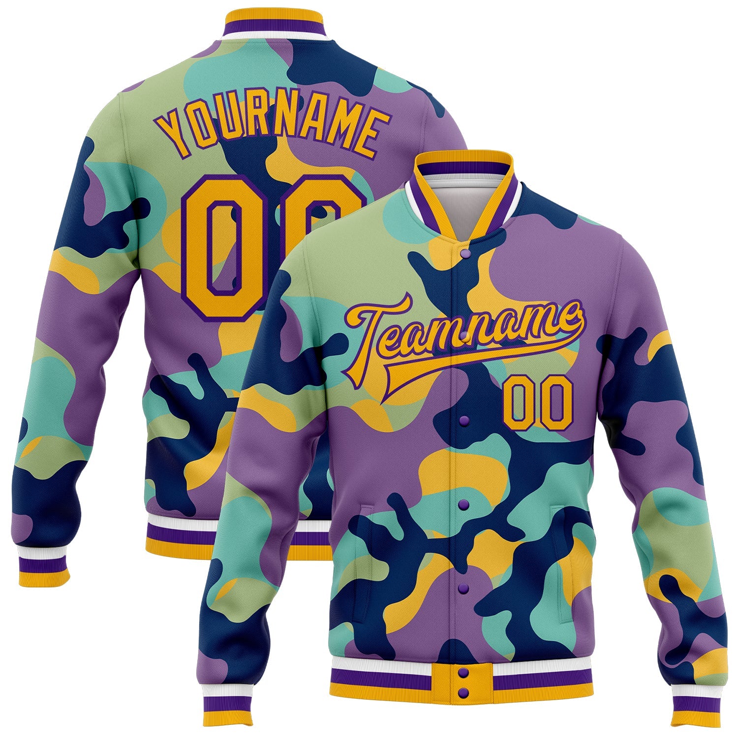 Custom Camo Gold-Purple Fluorescent Camouflage 3D Bomber Full-Snap Varsity Letterman Salute To Service Jacket - Main View
