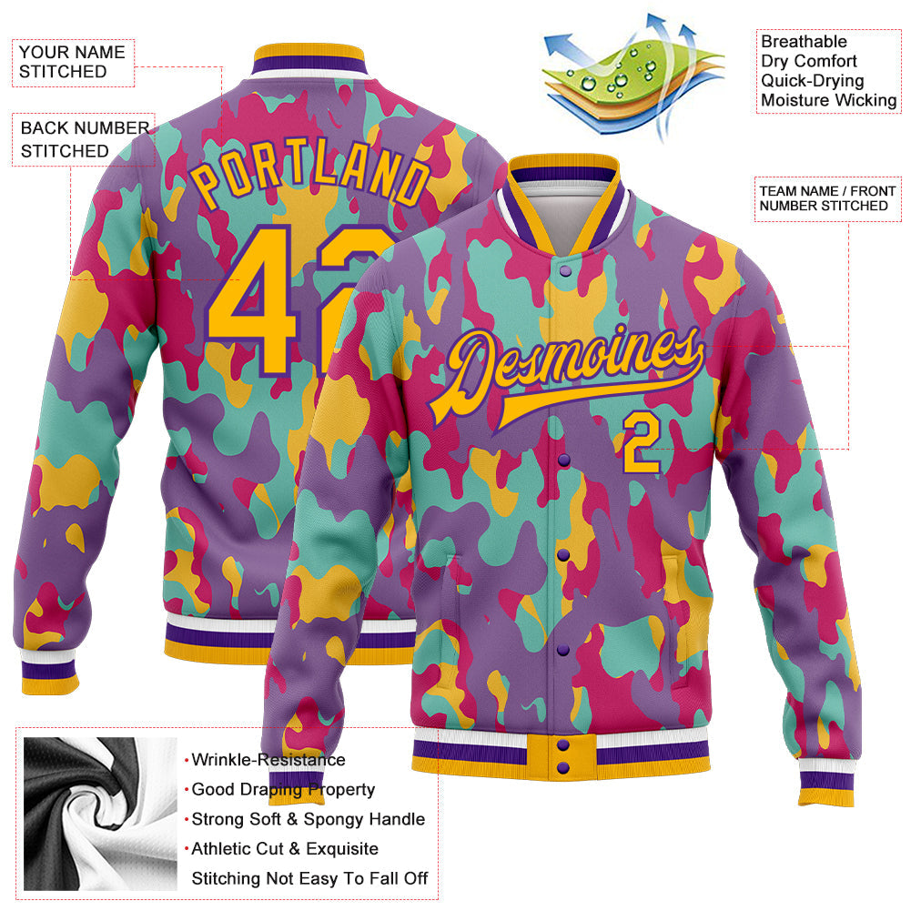 Custom Camo Gold-Purple Fluorescent Camouflage 3D Bomber Full-Snap Varsity Letterman Salute To Service Jacket view 5