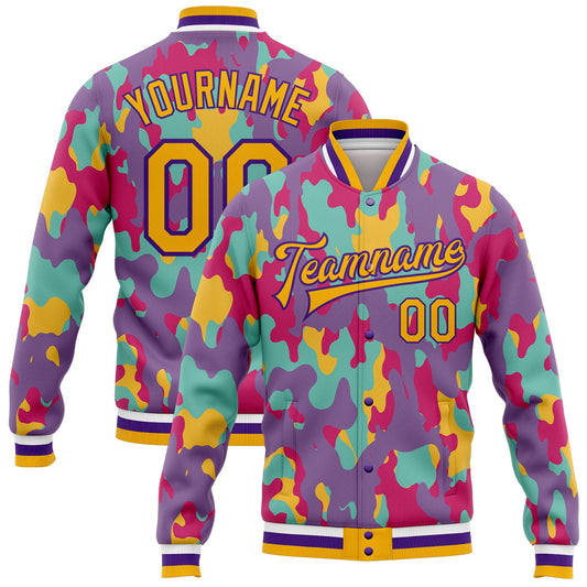 Custom Camo Gold-Purple Fluorescent Camouflage 3D Bomber Full-Snap Varsity Letterman Salute To Service Jacket - Main View