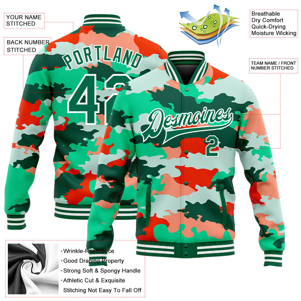 Custom Camo Kelly Green-White Fluorescent Camouflage 3D Bomber Full-Snap Varsity Letterman Salute To Service Jacket view 5