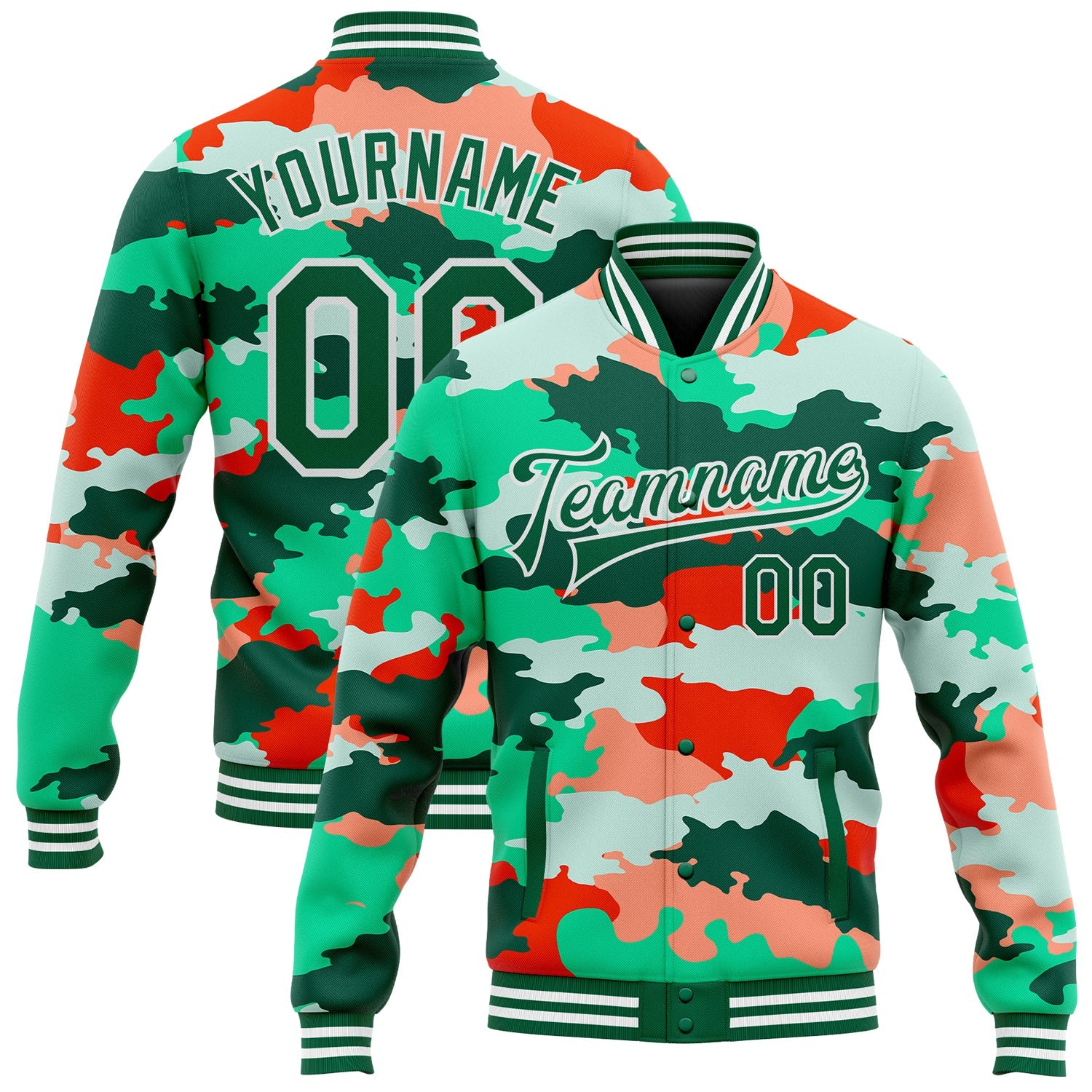 Custom Camo Kelly Green-White Fluorescent Camouflage 3D Bomber Full-Snap Varsity Letterman Salute To Service Jacket - Main View