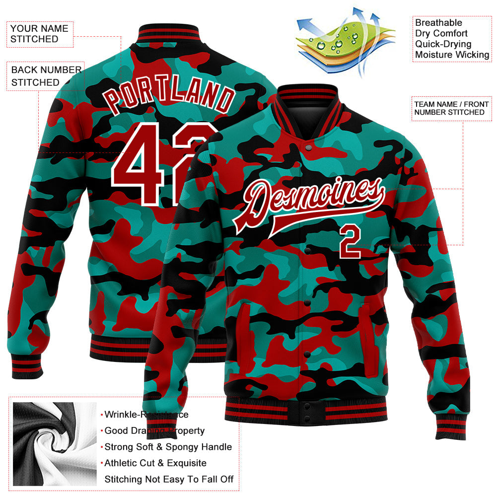 Custom Camo Red-White Fluorescent Camouflage 3D Bomber Full-Snap Varsity Letterman Salute To Service Jacket view 5