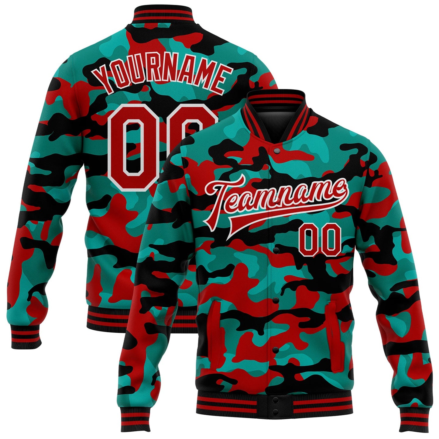 Custom Camo Red-White Fluorescent Camouflage 3D Bomber Full-Snap Varsity Letterman Salute To Service Jacket - Main View