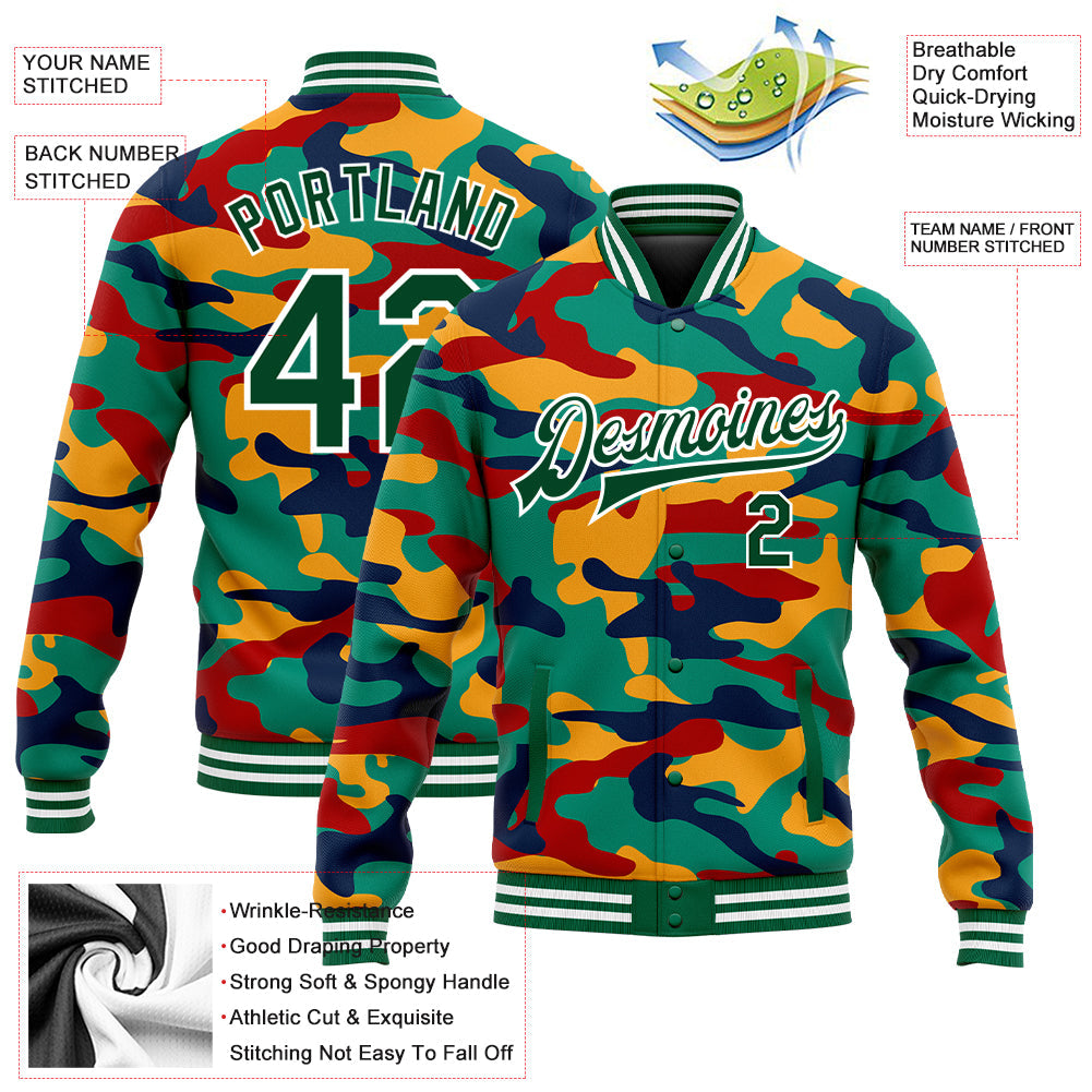 Custom Camo Kelly Green-White Fluorescent Camouflage 3D Bomber Full-Snap Varsity Letterman Salute To Service Jacket view 5