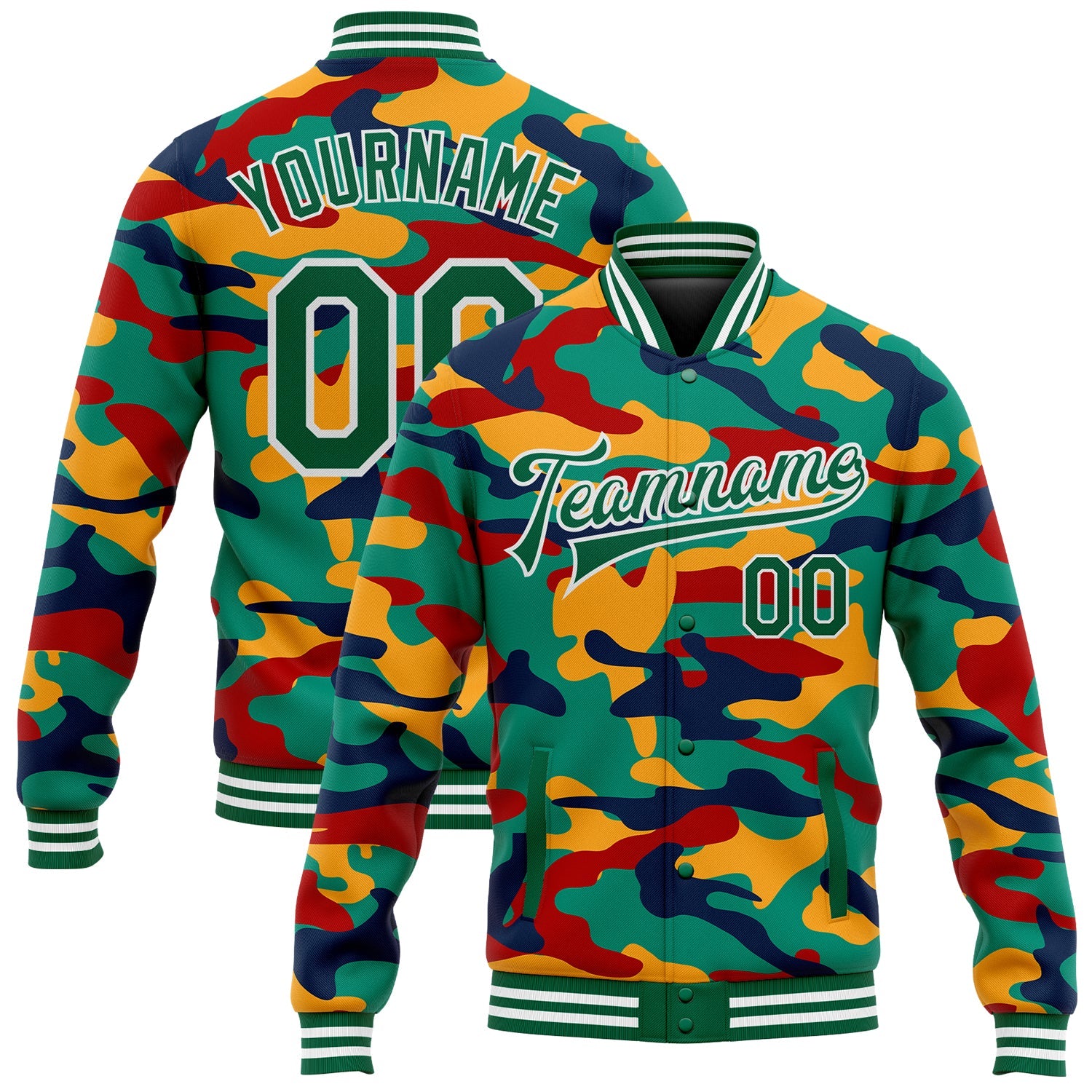 Custom Camo Kelly Green-White Fluorescent Camouflage 3D Bomber Full-Snap Varsity Letterman Salute To Service Jacket - Main View