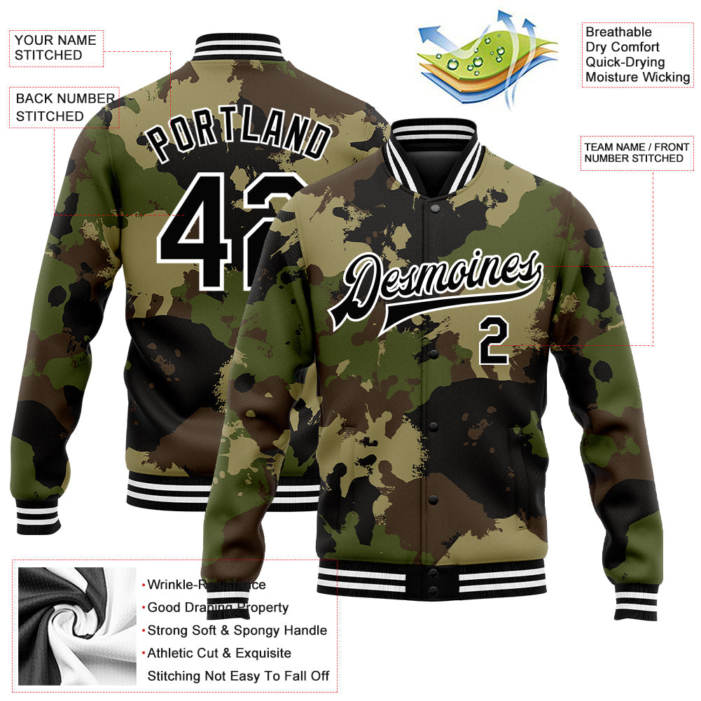 Custom Camo Black-White Graffiti Camouflage 3D Bomber Full-Snap Varsity Letterman Salute To Service Jacket view 5
