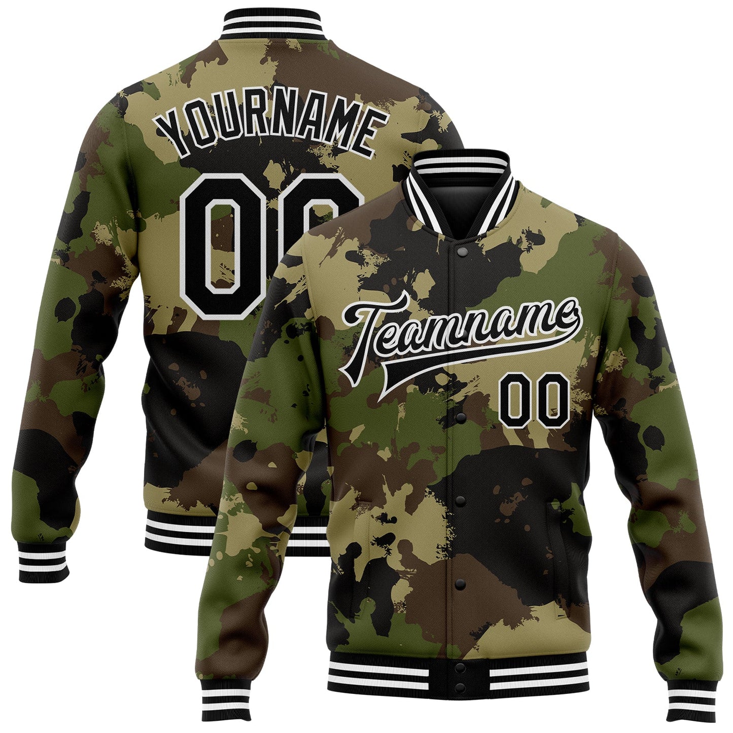 Custom Camo Black-White Graffiti Camouflage 3D Bomber Full-Snap Varsity Letterman Salute To Service Jacket - Main View