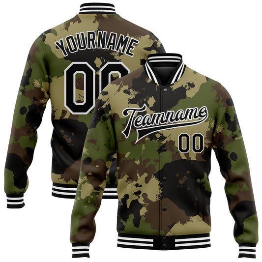 Custom Camo Black-White Graffiti Camouflage 3D Bomber Full-Snap Varsity Letterman Salute To Service Jacket - Main View