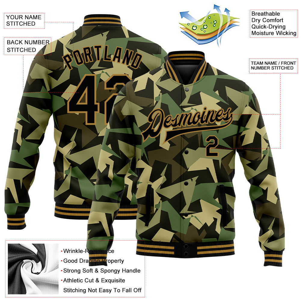 Custom Camo Black-Old Gold Geometric Camouflage 3D Bomber Full-Snap Varsity Letterman Salute To Service Jacket view 5