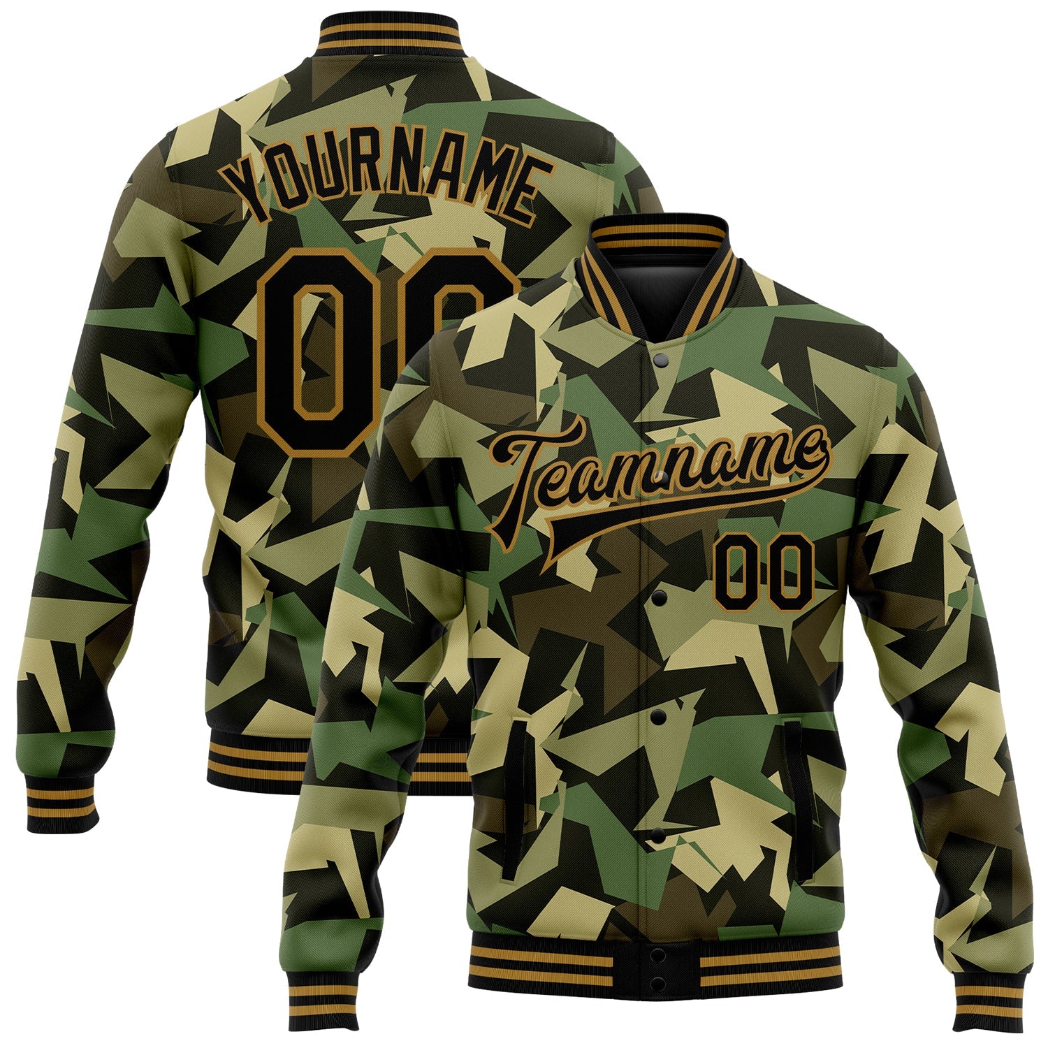 Custom Camo Black-Old Gold Geometric Camouflage 3D Bomber Full-Snap Varsity Letterman Salute To Service Jacket - Main View