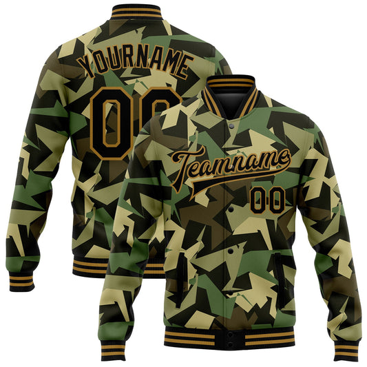 Custom Camo Black-Old Gold Geometric Camouflage 3D Bomber Full-Snap Varsity Letterman Salute To Service Jacket - Main View