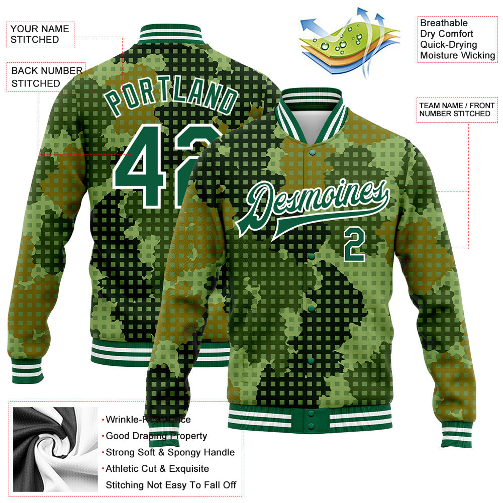 Custom Camo Kelly Green-White Geometric Camouflage 3D Bomber Full-Snap Varsity Letterman Salute To Service Jacket view 5