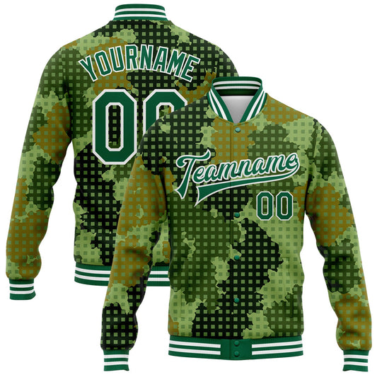 Custom Camo Kelly Green-White Geometric Camouflage 3D Bomber Full-Snap Varsity Letterman Salute To Service Jacket - Main View