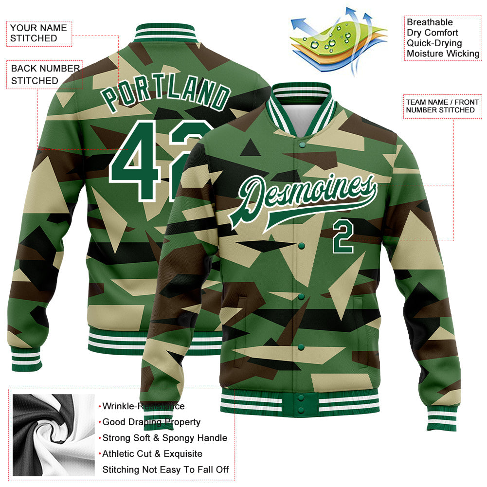 Custom Camo Kelly Green-White Geometric Camouflage 3D Bomber Full-Snap Varsity Letterman Salute To Service Jacket view 5