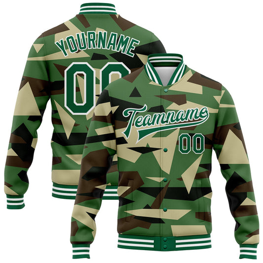 Custom Camo Kelly Green-White Geometric Camouflage 3D Bomber Full-Snap Varsity Letterman Salute To Service Jacket - Main View