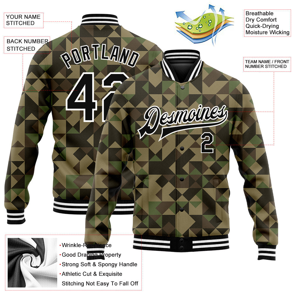 Custom Camo Black-White Geometric Camouflage 3D Bomber Full-Snap Varsity Letterman Salute To Service Jacket view 5