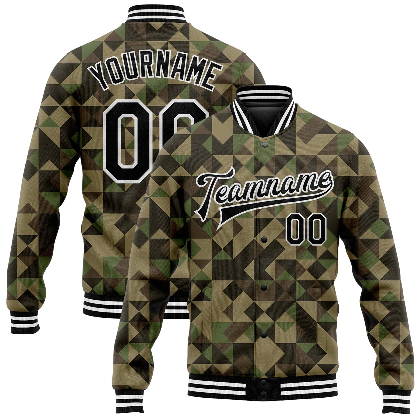 Custom Camo Black-White Geometric Camouflage 3D Bomber Full-Snap Varsity Letterman Salute To Service Jacket - Main View