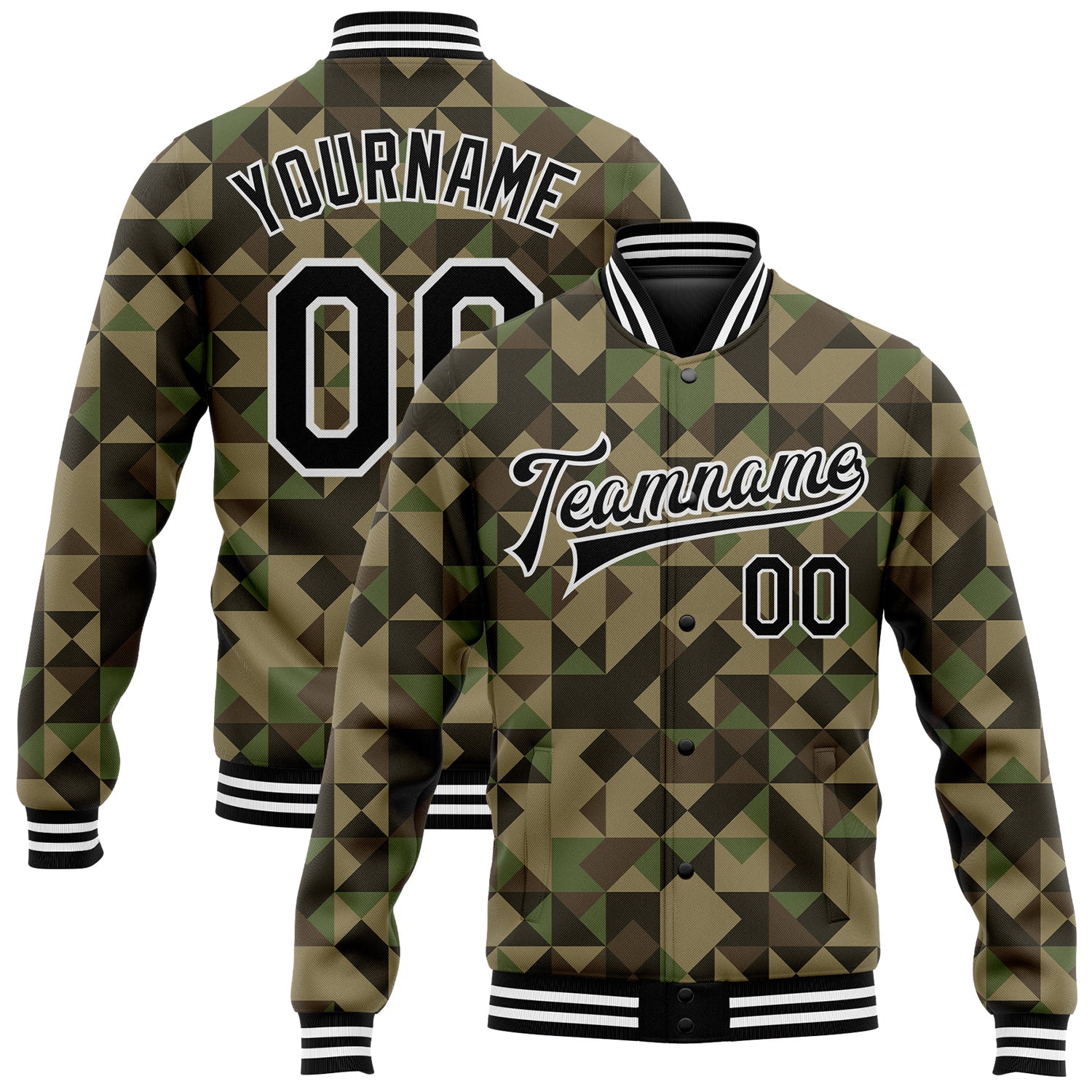 Custom Camo Black-White Geometric Camouflage 3D Bomber Full-Snap Varsity Letterman Salute To Service Jacket - Main View