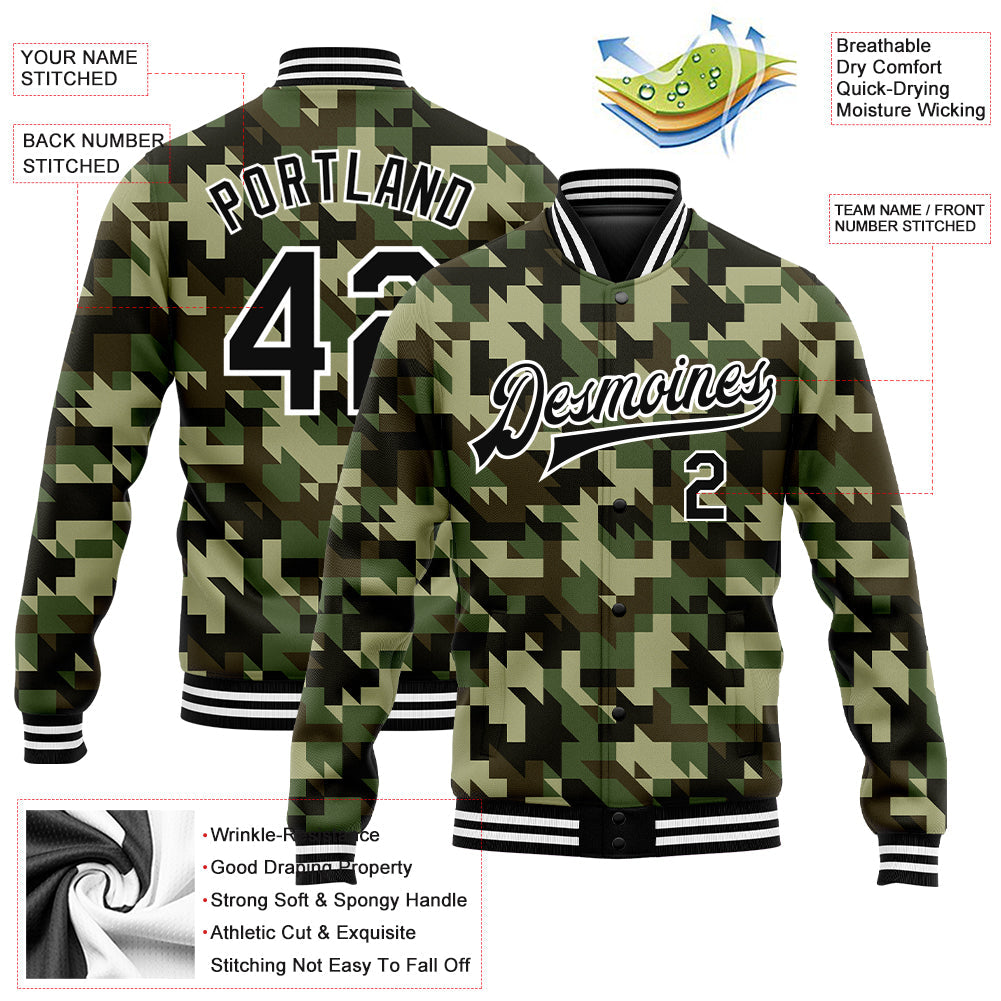 Custom Camo Black-White Geometric Camouflage 3D Bomber Full-Snap Varsity Letterman Salute To Service Jacket view 5
