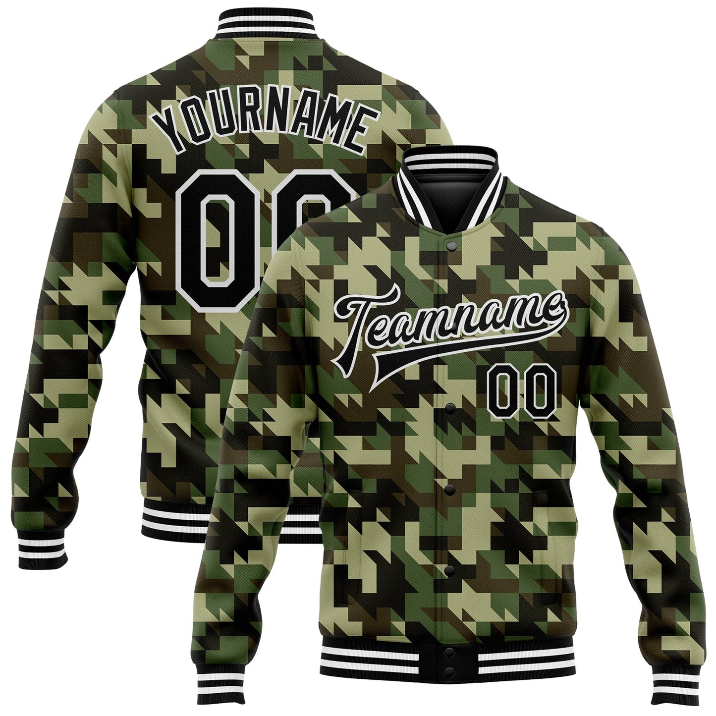 Custom Camo Black-White Geometric Camouflage 3D Bomber Full-Snap Varsity Letterman Salute To Service Jacket - Main View