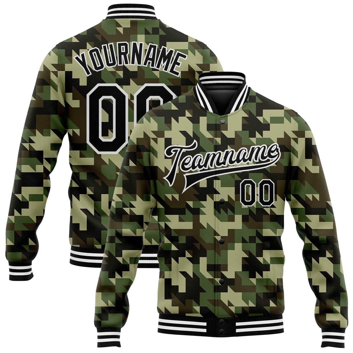 Custom Camo Black-White Geometric Camouflage 3D Bomber Full-Snap Varsity Letterman Salute To Service Jacket - Main View