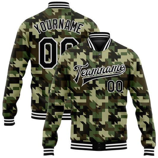 Custom Camo Black-White Geometric Camouflage 3D Bomber Full-Snap Varsity Letterman Salute To Service Jacket - Main View