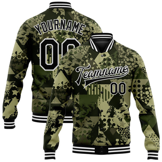 Custom Camo Black-White Geometric Camouflage 3D Bomber Full-Snap Varsity Letterman Salute To Service Jacket - Main View