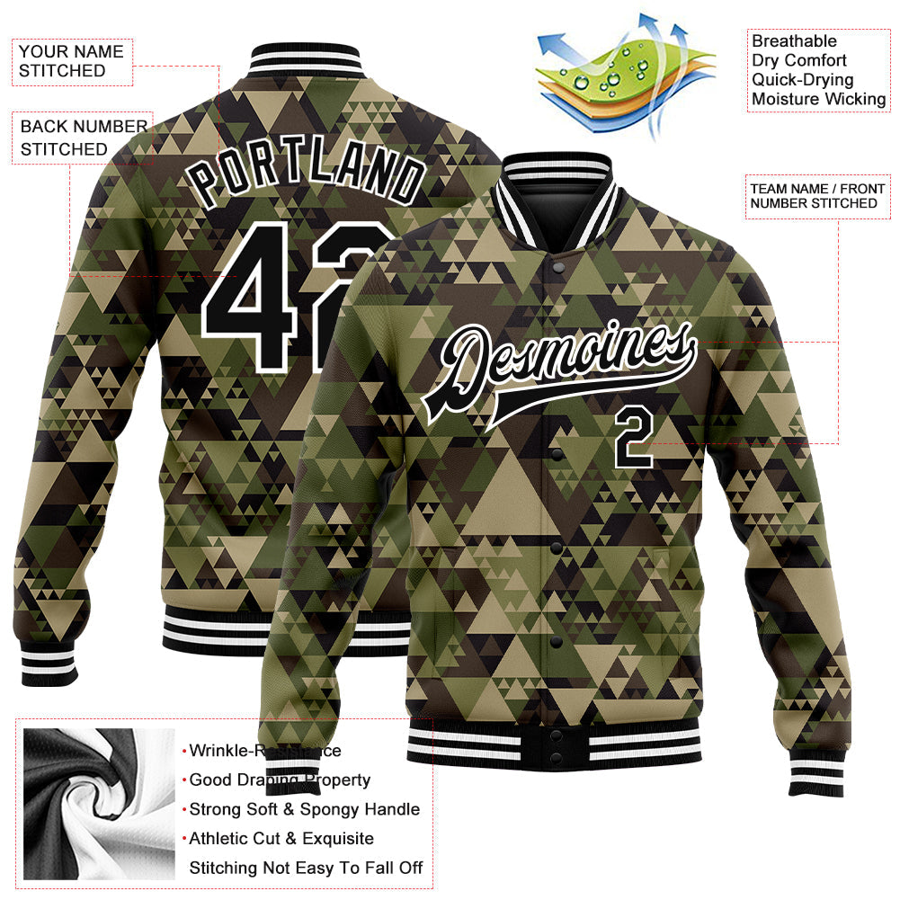Custom Camo Black-White Geometric Camouflage 3D Bomber Full-Snap Varsity Letterman Salute To Service Jacket view 5