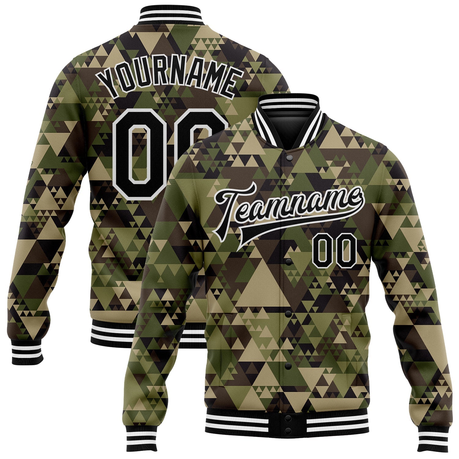Custom Camo Black-White Geometric Camouflage 3D Bomber Full-Snap Varsity Letterman Salute To Service Jacket - Main View