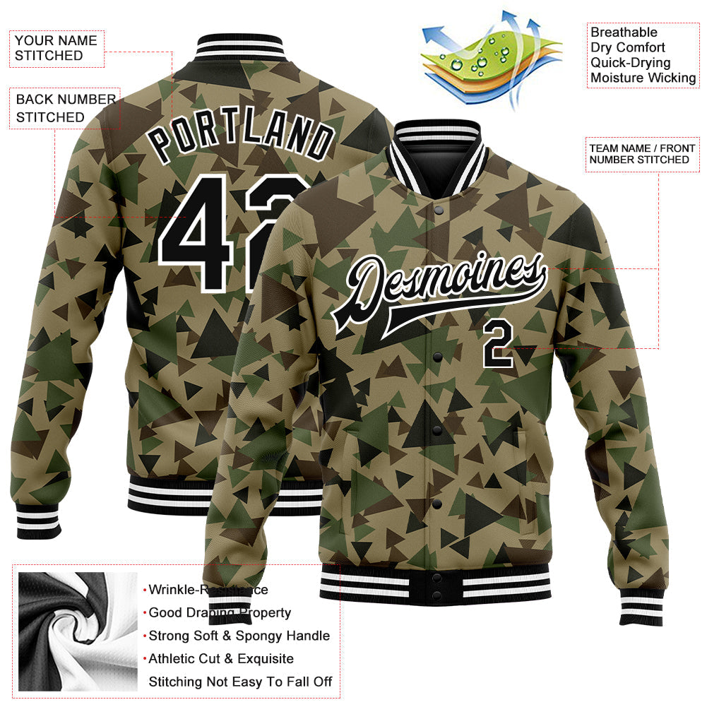 Custom Camo Black-White Geometric Camouflage 3D Bomber Full-Snap Varsity Letterman Salute To Service Jacket view 5