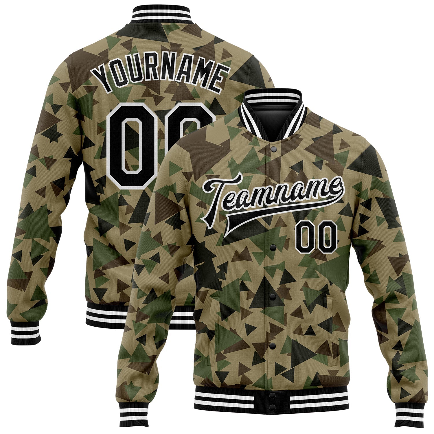 Custom Camo Black-White Geometric Camouflage 3D Bomber Full-Snap Varsity Letterman Salute To Service Jacket - Main View