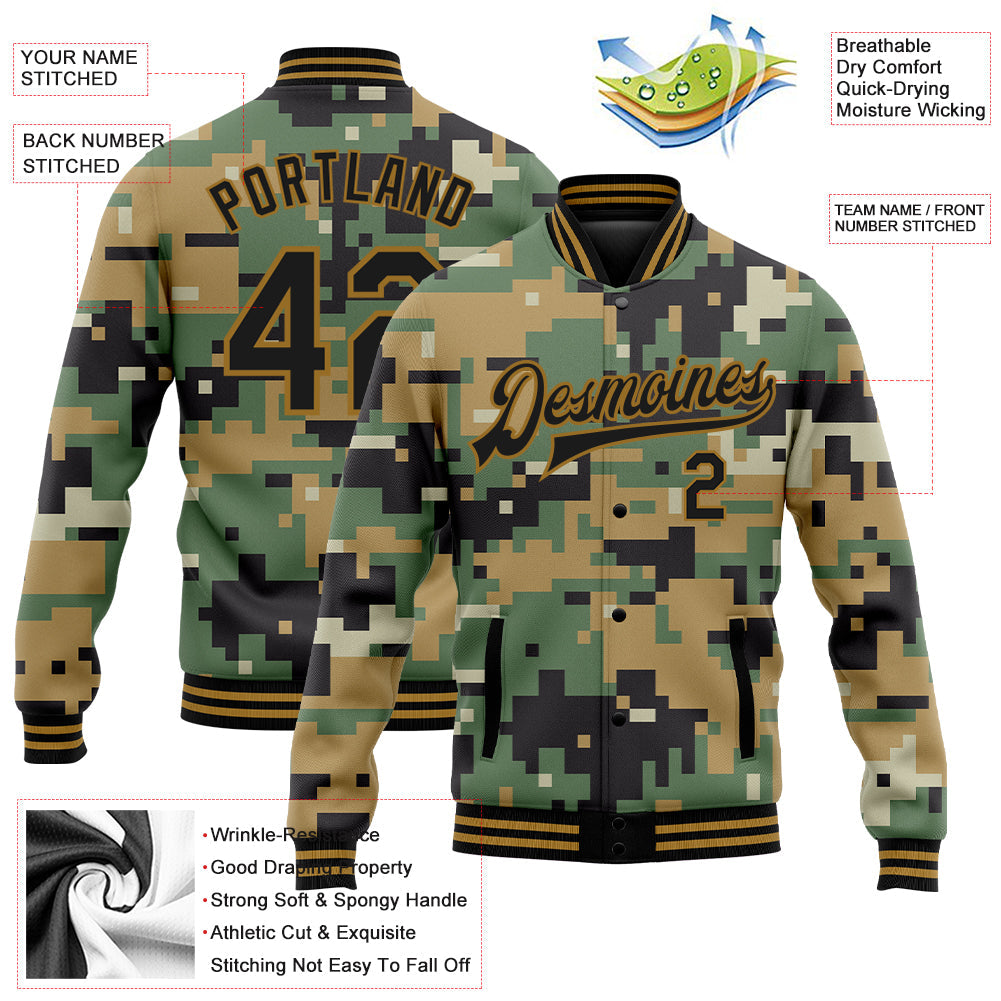 Custom Camo Old Gold-Black Digital Camouflage 3D Bomber Full-Snap Varsity Letterman Salute To Service Jacket view 5