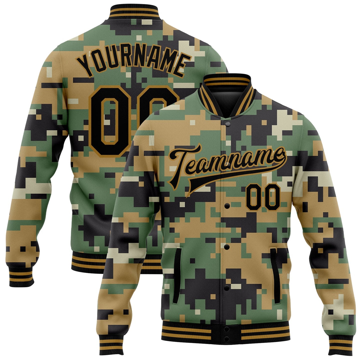 Custom Camo Old Gold-Black Digital Camouflage 3D Bomber Full-Snap Varsity Letterman Salute To Service Jacket - Main View