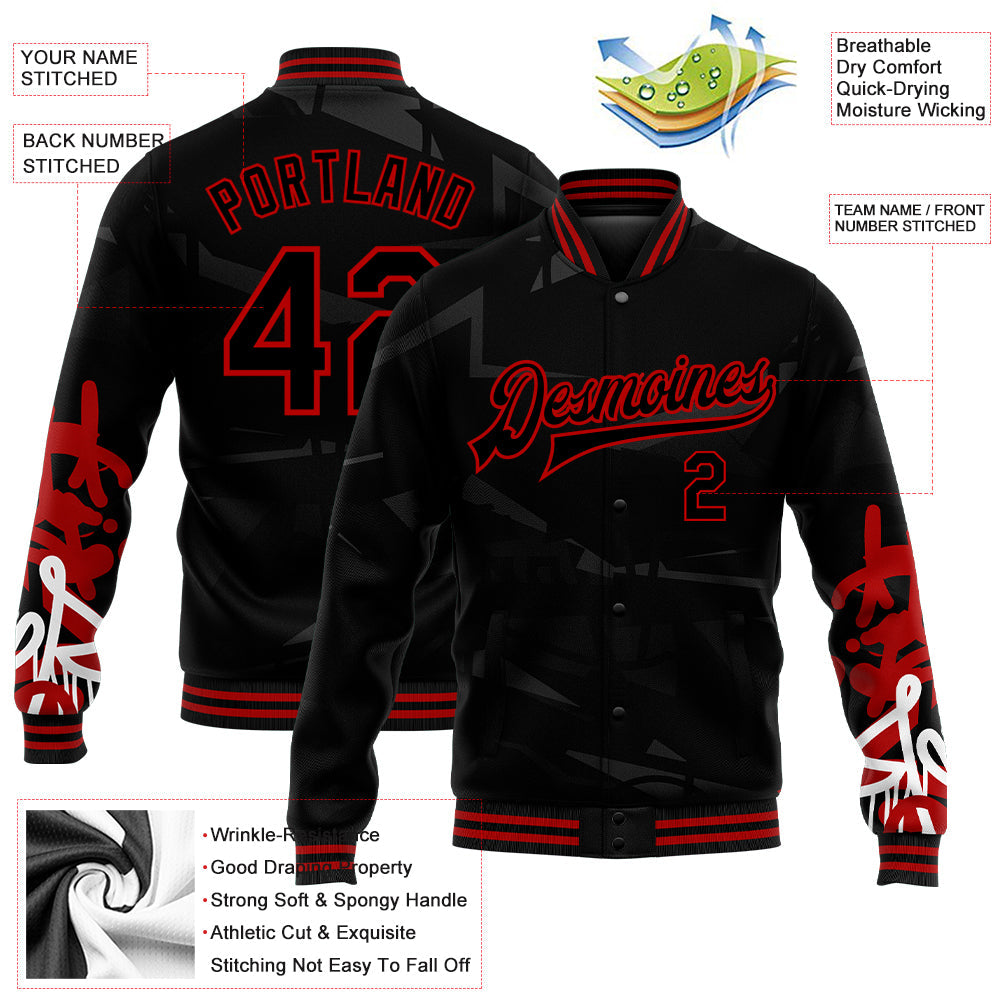 Custom Graffiti Pattern Black-Red Dark Abstract Urban Street Art 3D Bomber Full-Snap Varsity Letterman Jacket view 5