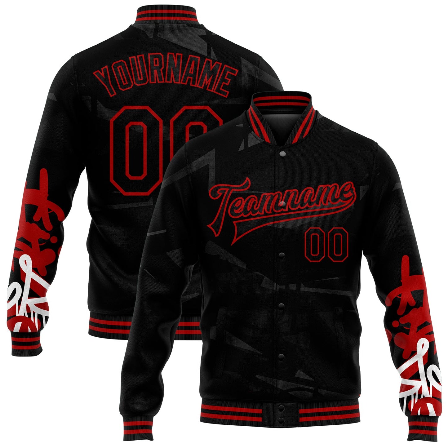 Custom Graffiti Pattern Black-Red Dark Abstract Urban Street Art 3D Bomber Full-Snap Varsity Letterman Jacket - Main View